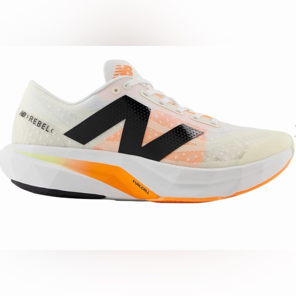 New Balance Shoes - New Balance White and Orange FuelCell Running Shoe with Black N Logo